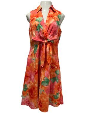 Jones New York Floral Linen Sleeveless Dress, Orange Pink, 12